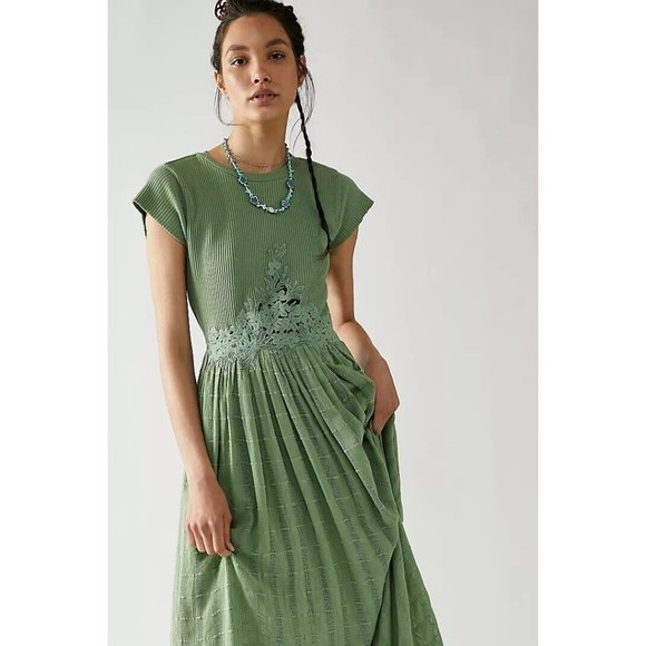 NWT FREE PEOPLE Sz L SERENITY MAXI DRESS RIBBED EMBROIDERED DRESS IN STILL POND - Picture 4 of 4
